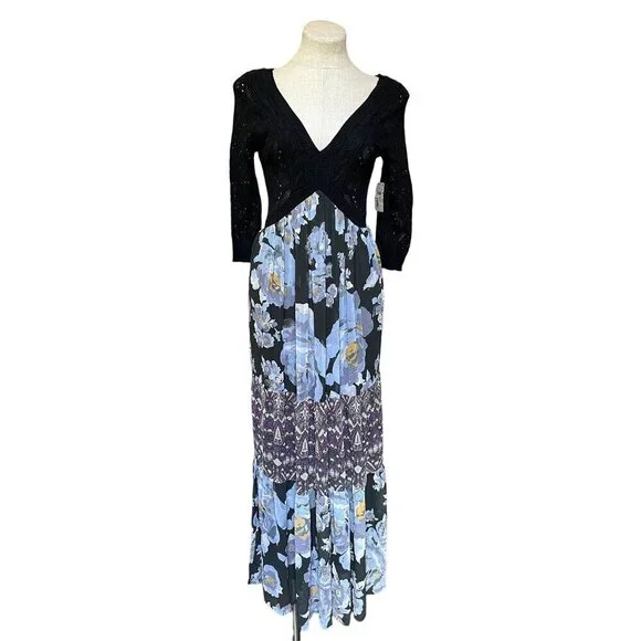 Free People RARE NWT Blue Ethic Rose Crochet Knit Tiered Floral Maxi Dress Bohem - Picture 3 of 13